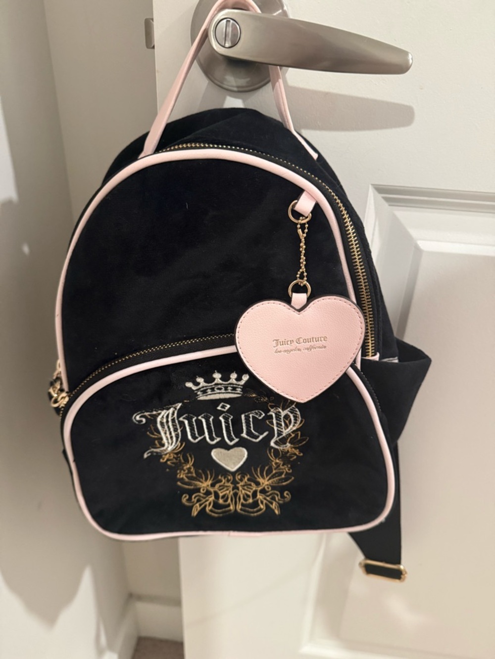 Juicy Couture Black Velvet Mini Backpack with Pink Trim and Heart Charm